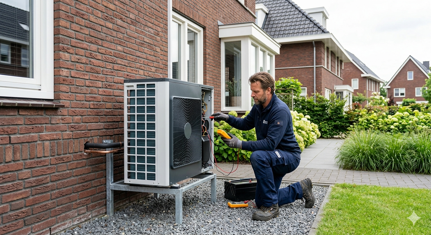 Gecertificeerde warmtepomp installateur plaatst een lucht-water warmtepomp bij een woning in Nederland